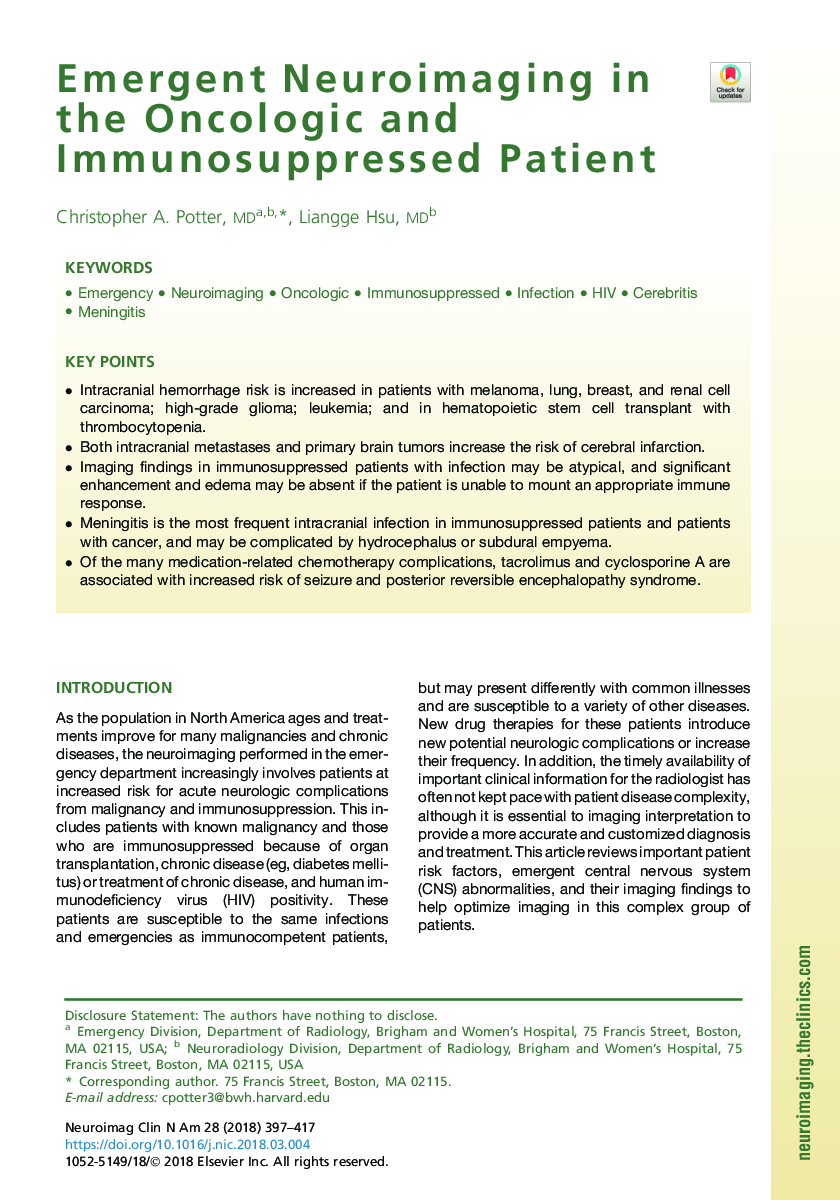 Emergent Neuroimaging in the Oncologic and Immunosuppressed Patient