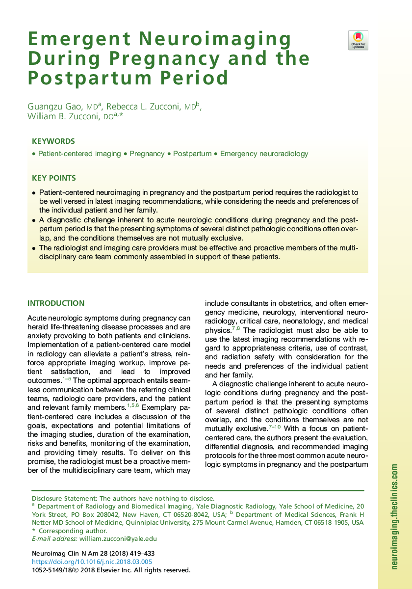عکس صفحه اول مقاله: Emergent Neuroimaging During Pregnancy and the Postpartum Period Emergent Neuroimaging During Pregnancy and the Postpartum Period