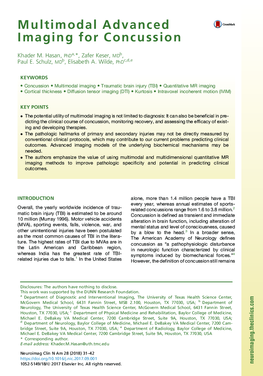 Multimodal Advanced Imaging for Concussion