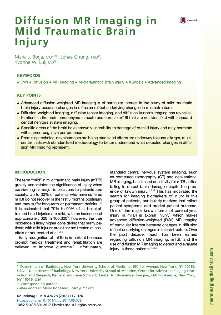 Diffusion MR Imaging in Mild Traumatic Brain Injury