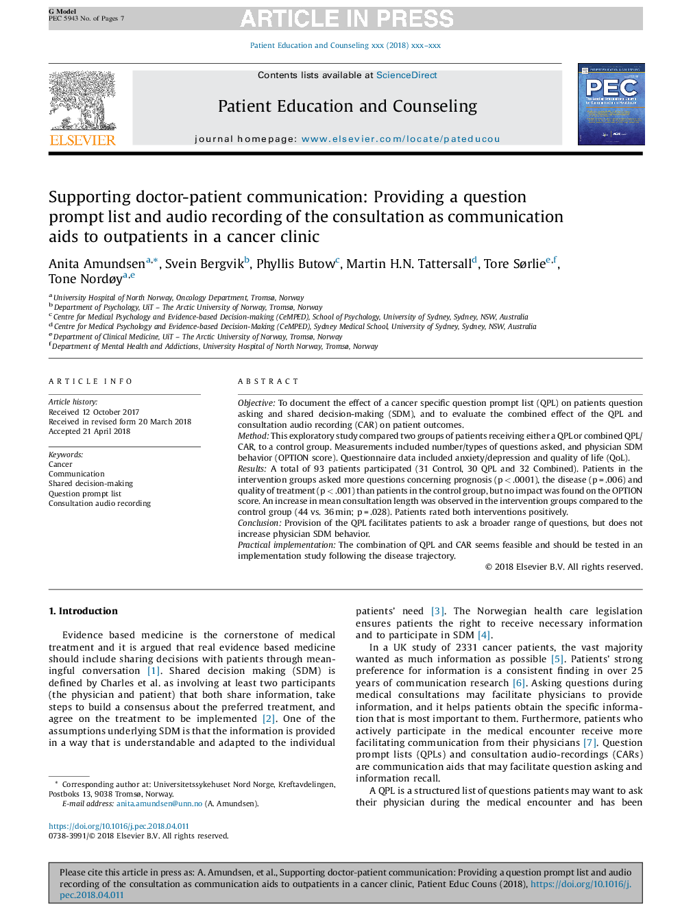 Supporting doctor-patient communication: Providing a question prompt list and audio recording of the consultation as communication aids to outpatients in a cancer clinic