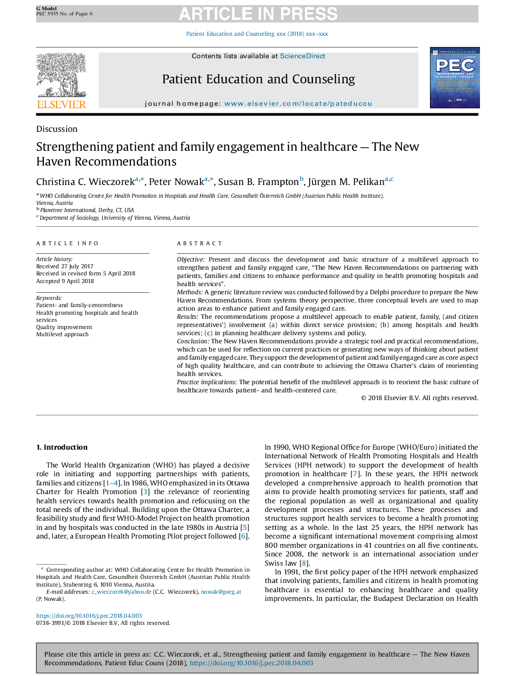 Strengthening patient and family engagement in healthcare - The New Haven Recommendations