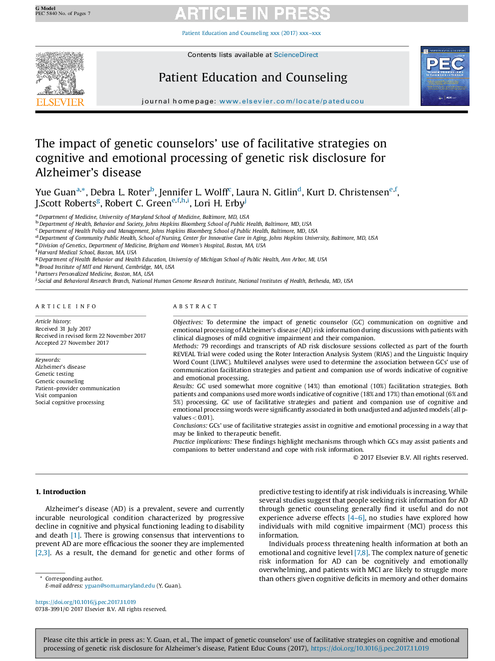 The impact of genetic counselors' use of facilitative strategies on cognitive and emotional processing of genetic risk disclosure for Alzheimer's disease