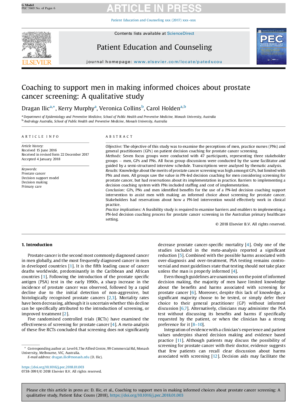 Coaching to support men in making informed choices about prostate cancer screening: A qualitative study