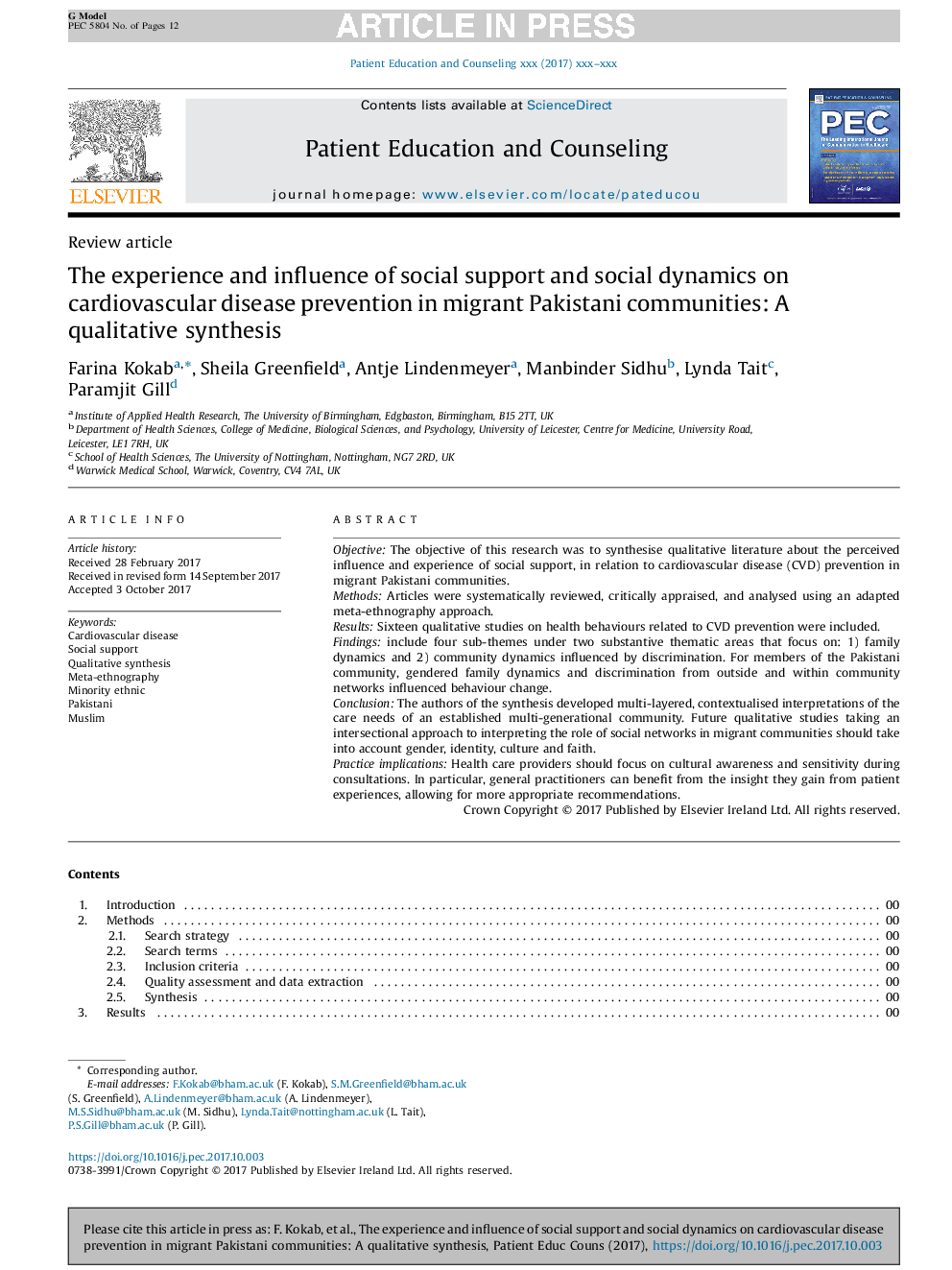 The experience and influence of social support and social dynamics on cardiovascular disease prevention in migrant Pakistani communities: A qualitative synthesis