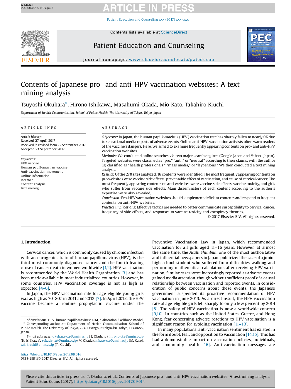 Contents of Japanese pro- and anti-HPV vaccination websites: A text mining analysis