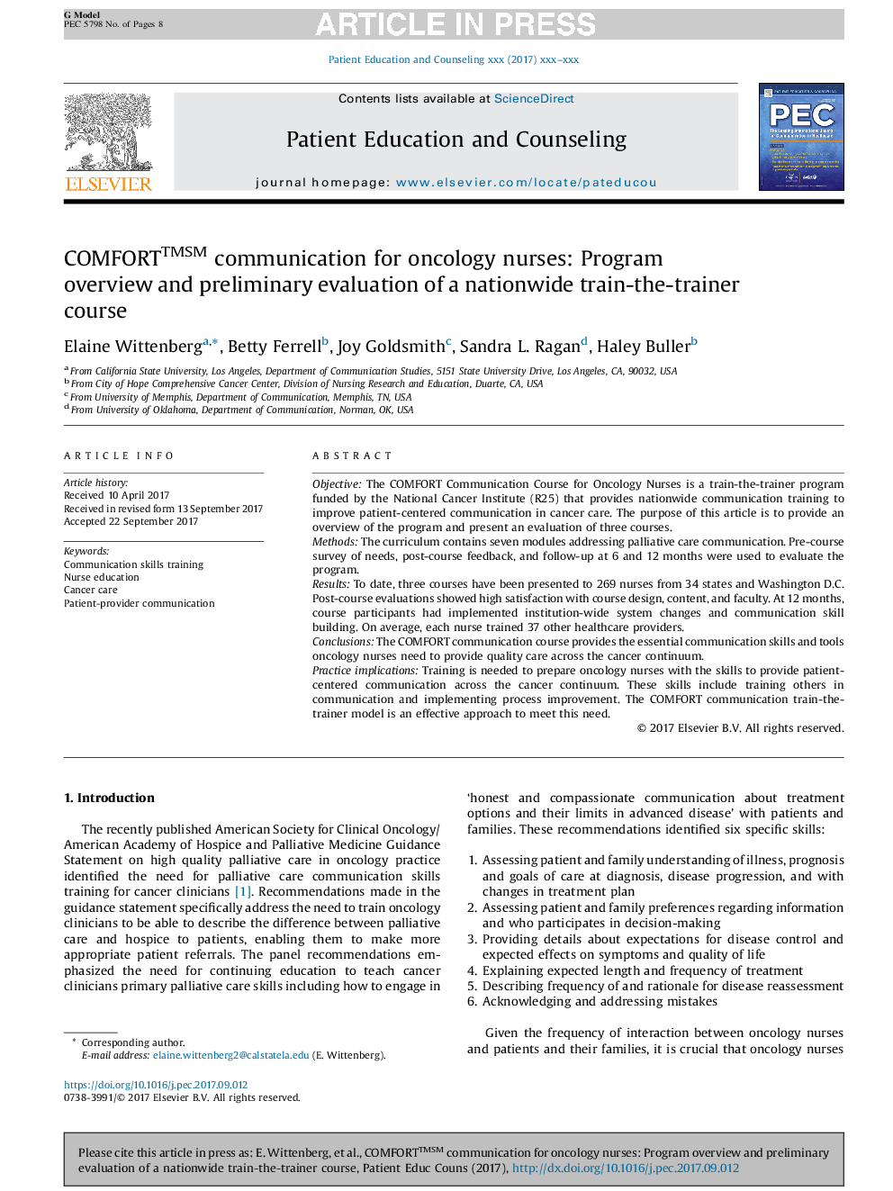 COMFORTâ¢SM communication for oncology nurses: Program overview and preliminary evaluation of a nationwide train-the-trainer course