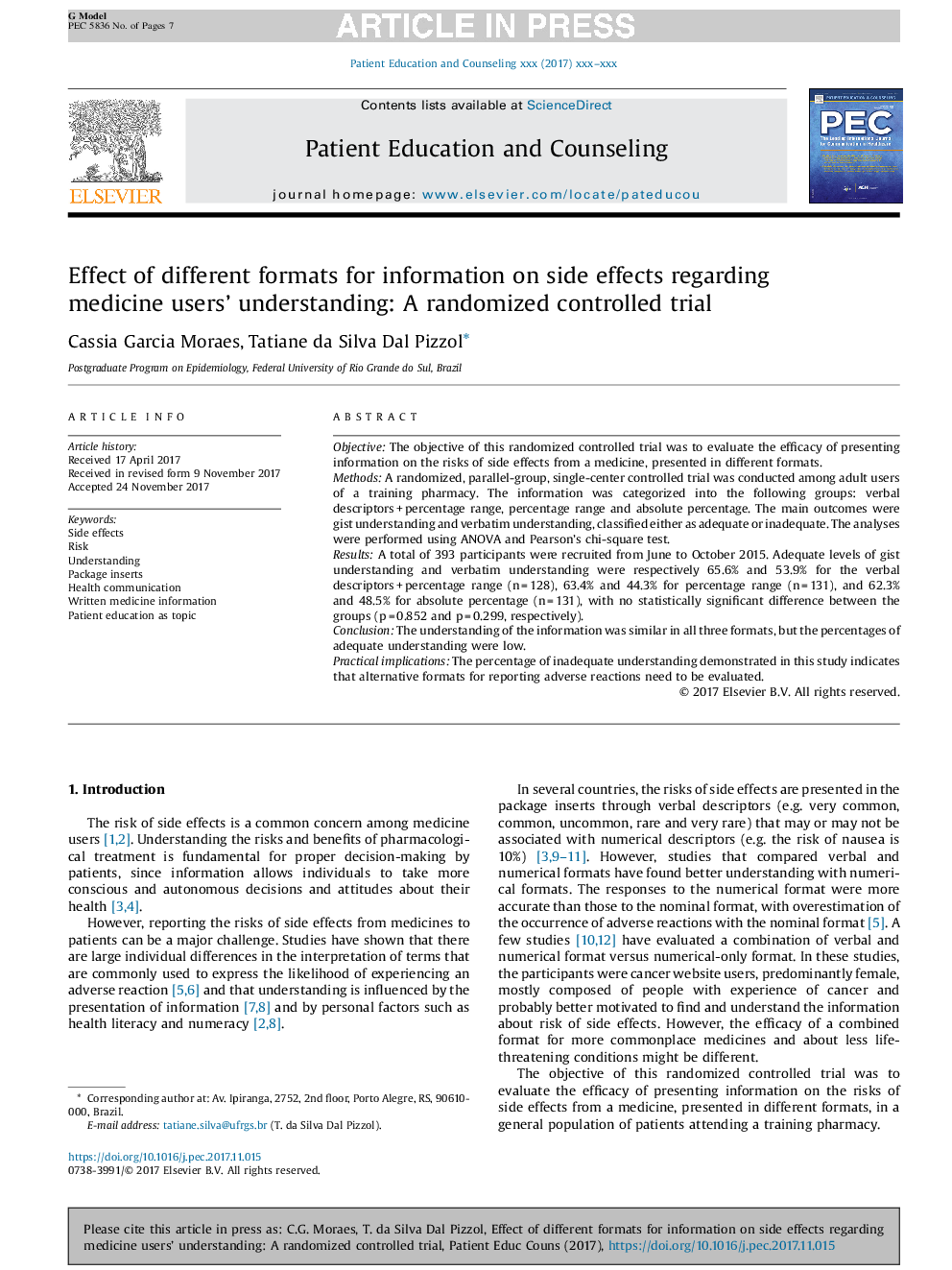 Effect of different formats for information on side effects regarding medicine users' understanding: A randomized controlled trial