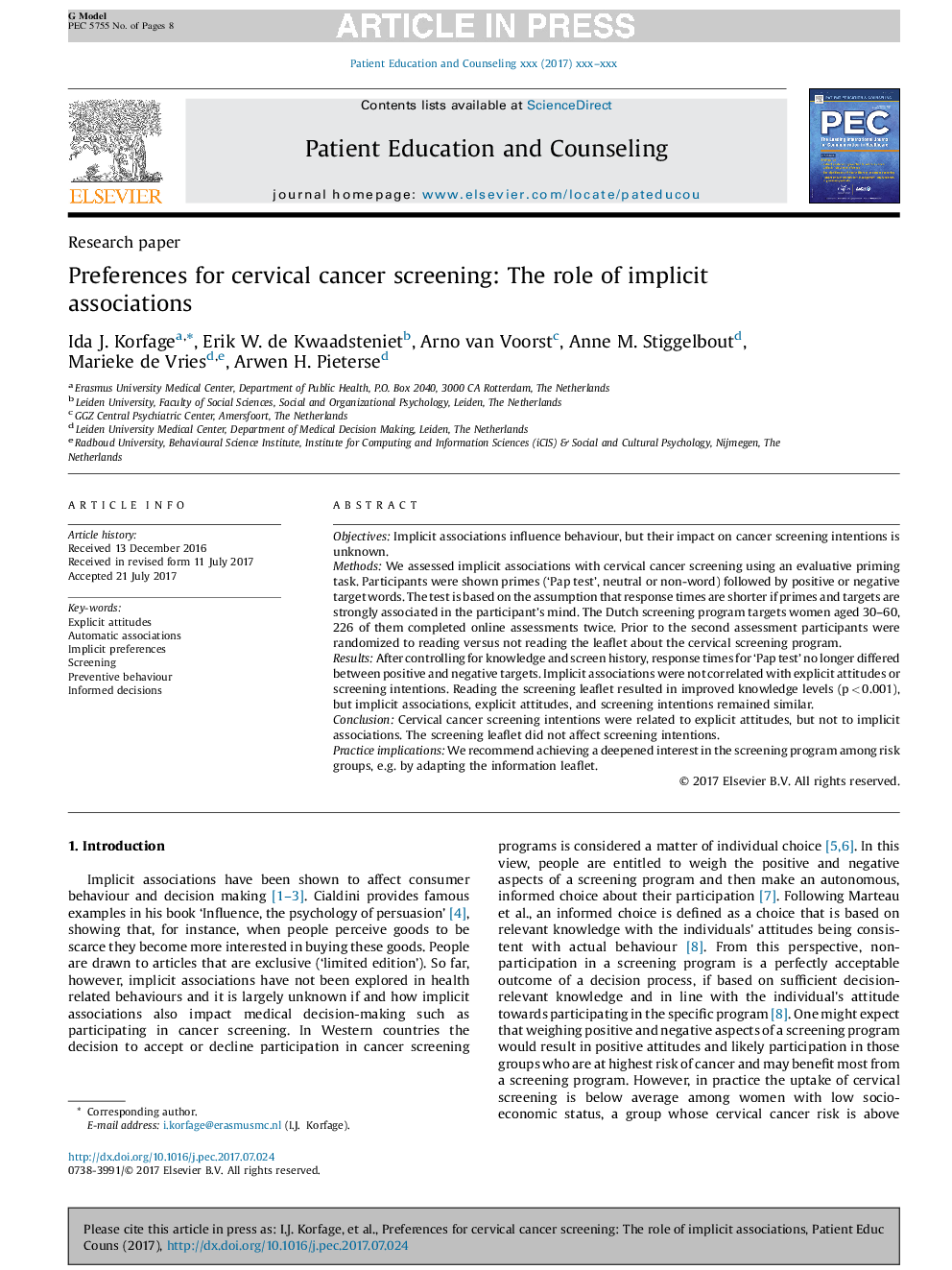 Preferences for cervical cancer screening: The role of implicit associations