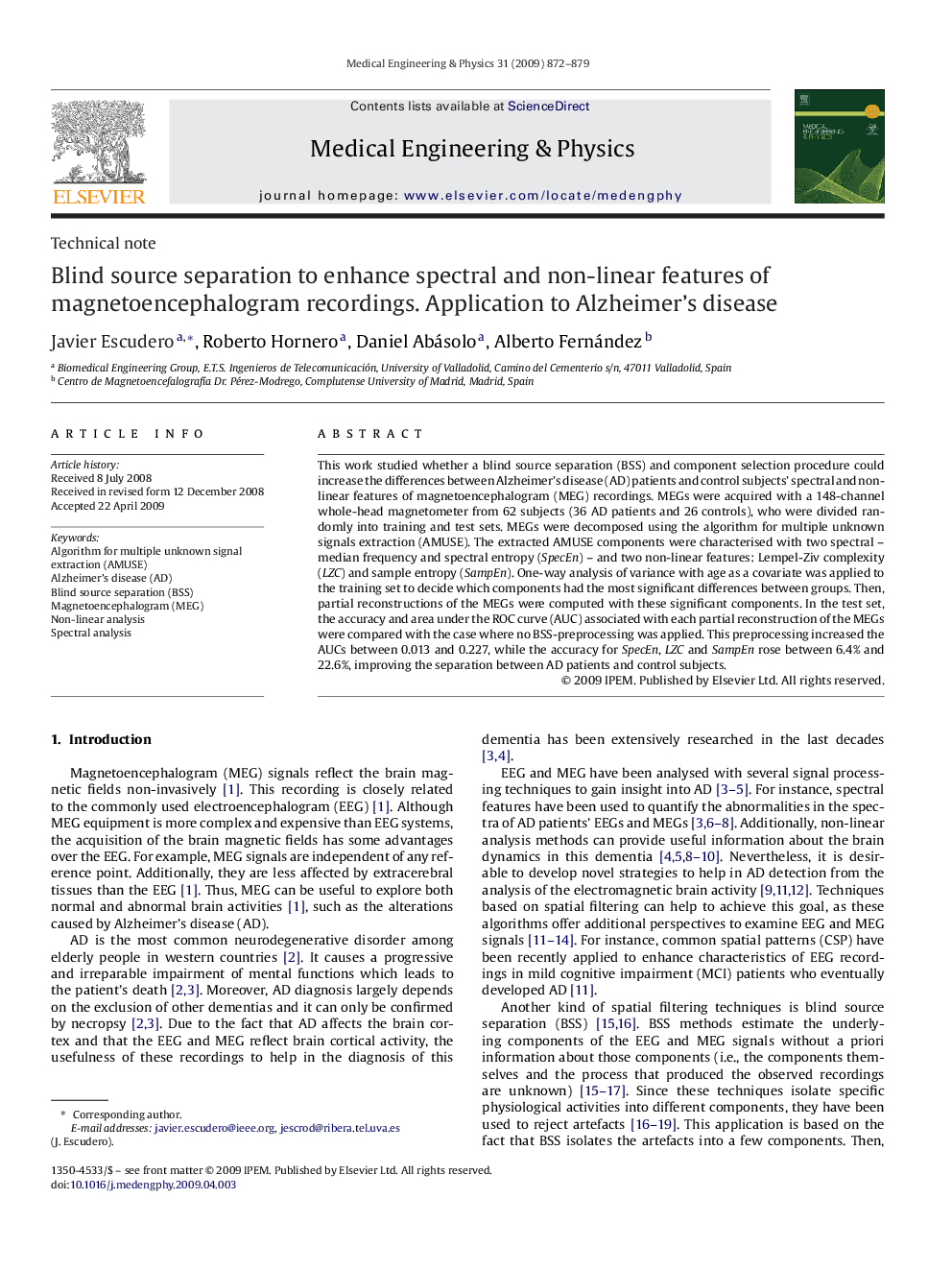 Blind source separation to enhance spectral and non-linear features of magnetoencephalogram recordings. Application to Alzheimer's disease