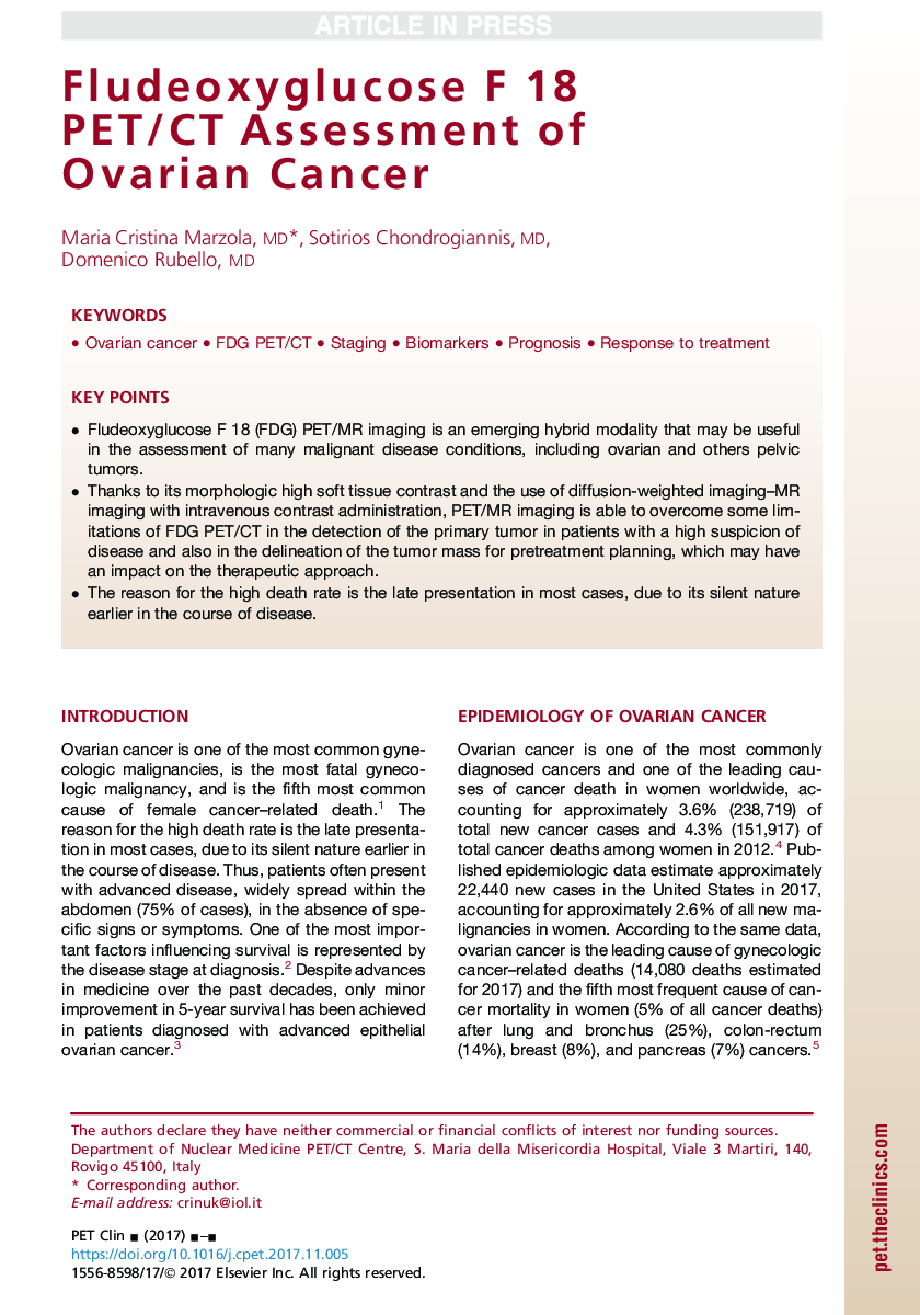 Fludeoxyglucose F 18 PET/CT Assessment of Ovarian Cancer