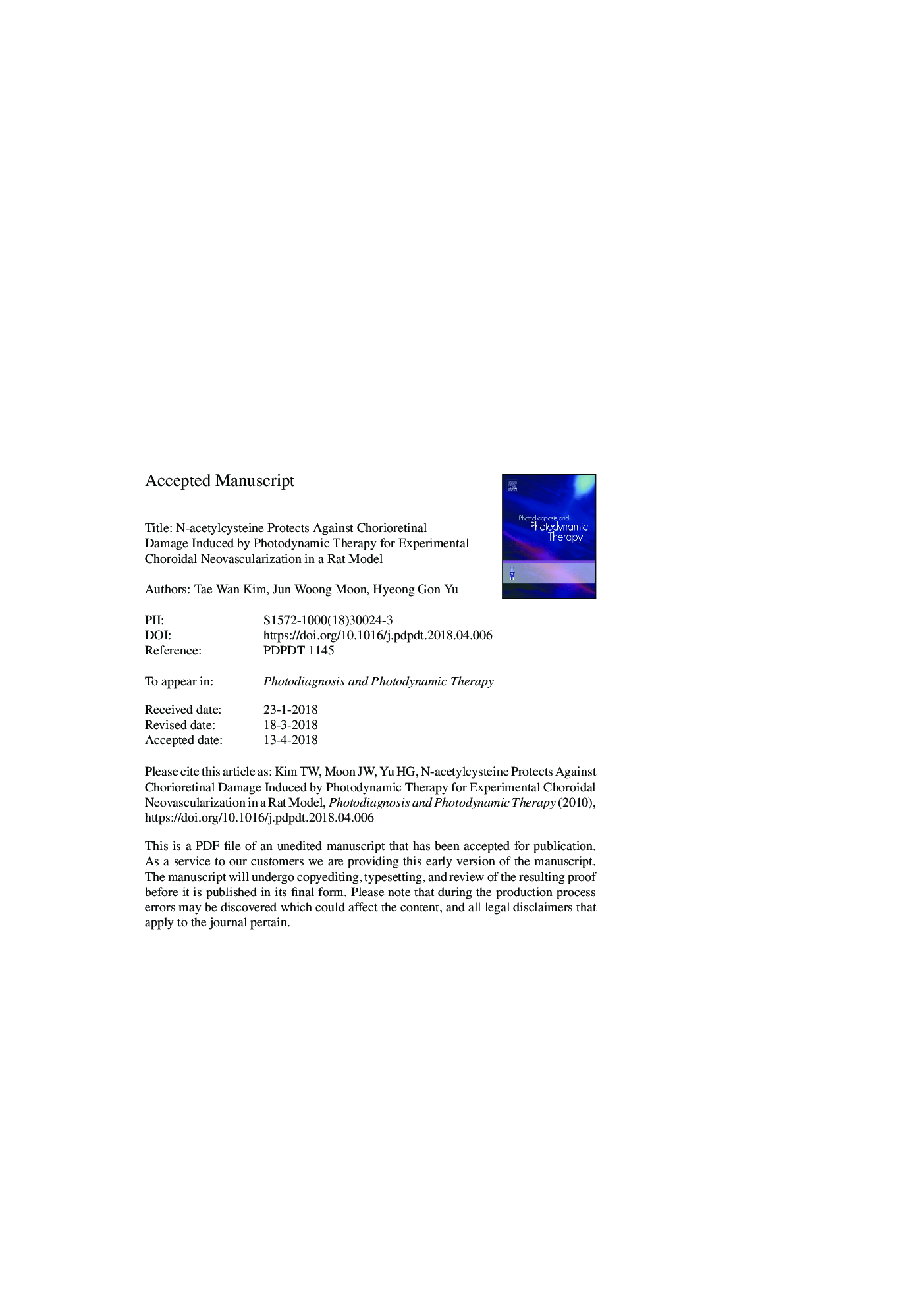 N-acetylcysteine protects against chorioretinal damage induced by photodynamic therapy for experimental choroidal neovascularization in a rat model