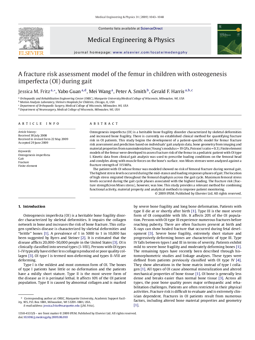 A fracture risk assessment model of the femur in children with osteogenesis imperfecta (OI) during gait