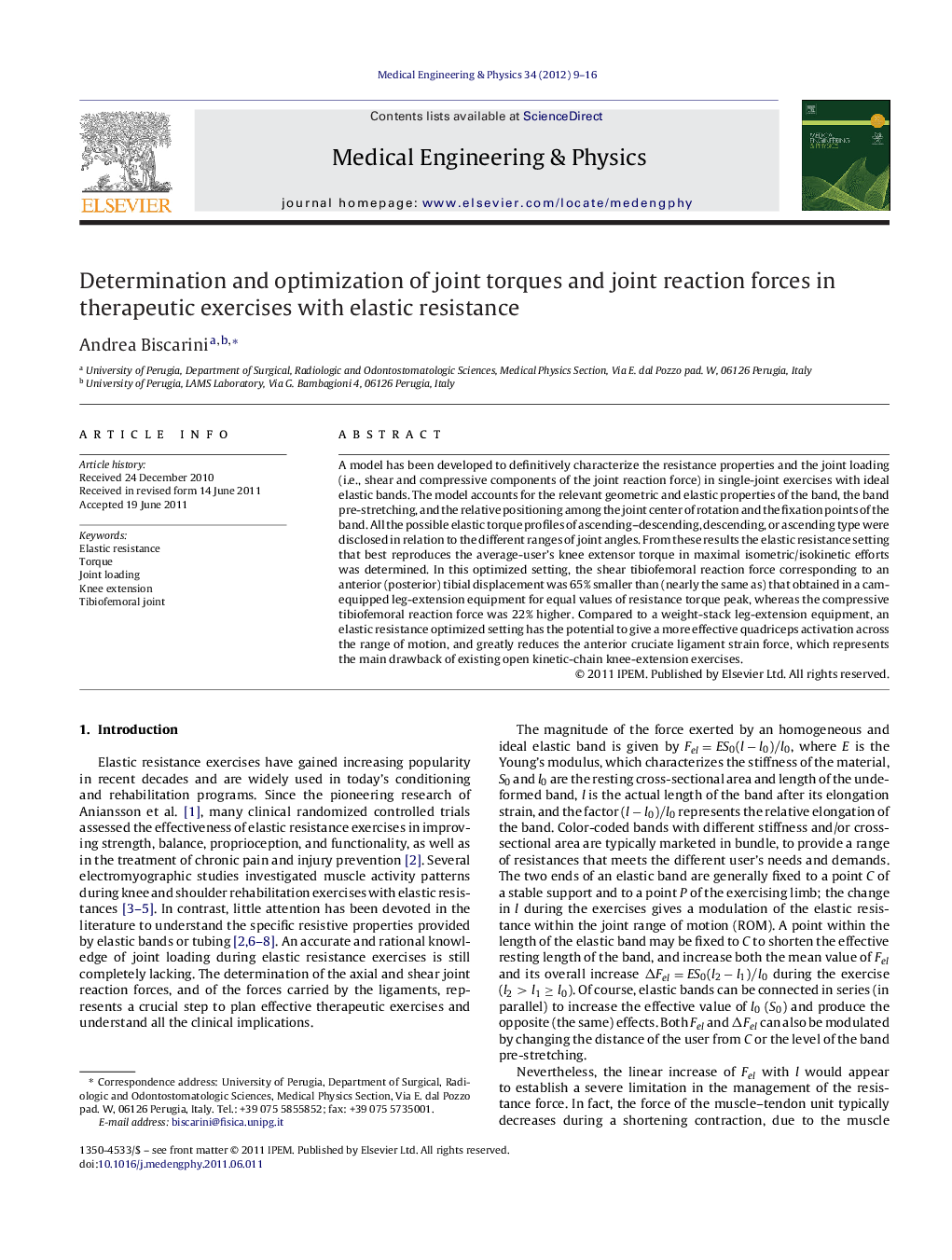 Determination and optimization of joint torques and joint reaction forces in therapeutic exercises with elastic resistance