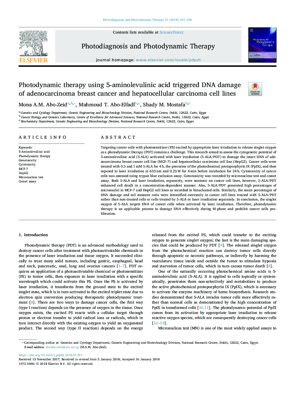 Photodynamic therapy using 5-aminolevulinic acid triggered DNA damage of adenocarcinoma breast cancer and hepatocellular carcinoma cell lines