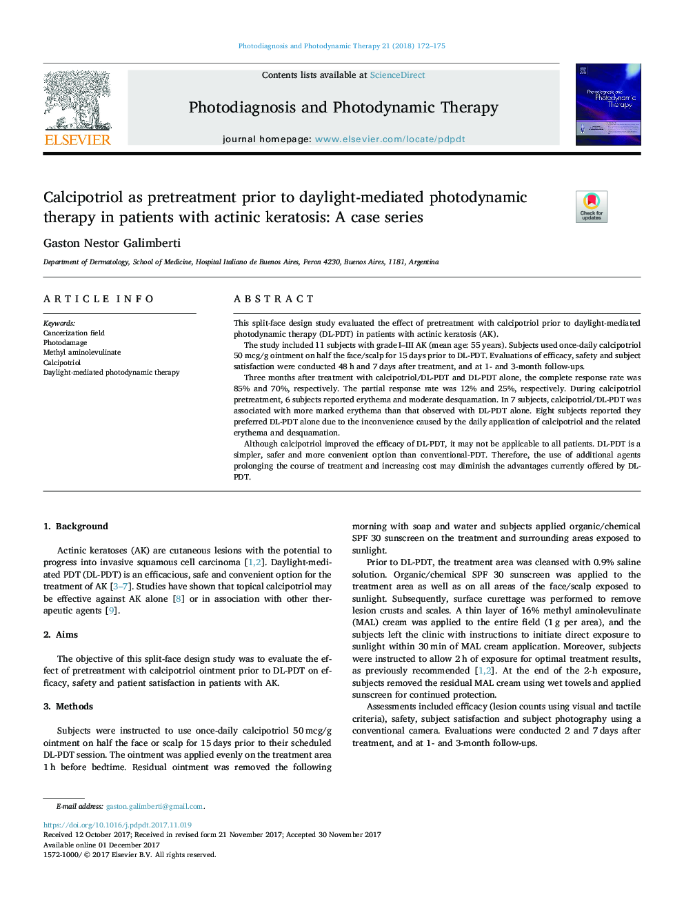 Calcipotriol as pretreatment prior to daylight-mediated photodynamic therapy in patients with actinic keratosis: A case series