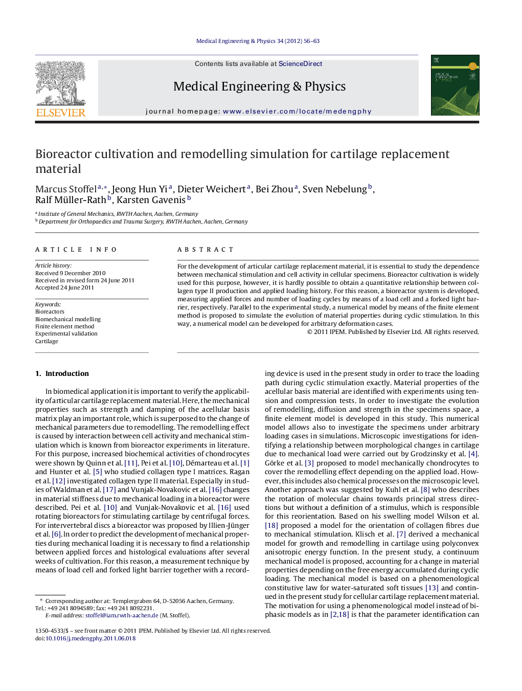 Bioreactor cultivation and remodelling simulation for cartilage replacement material