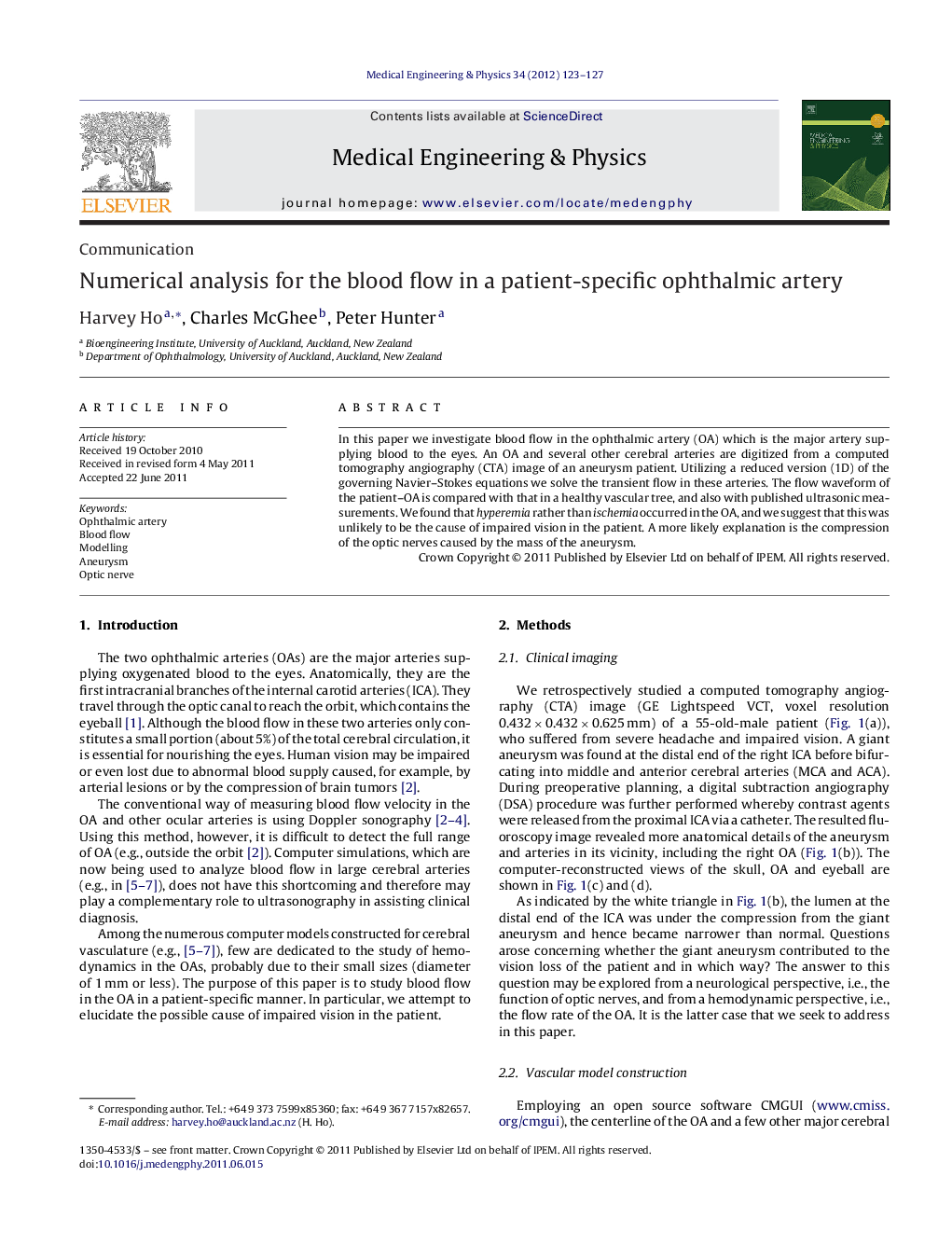 Numerical analysis for the blood flow in a patient-specific ophthalmic artery