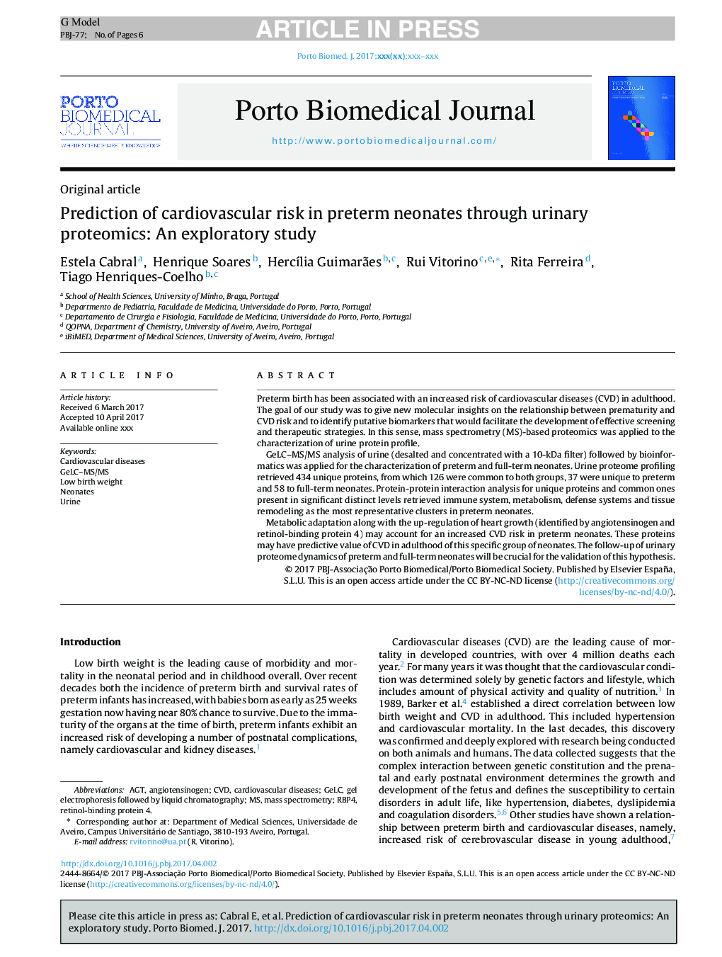 Prediction of cardiovascular risk in preterm neonates through urinary proteomics: An exploratory study