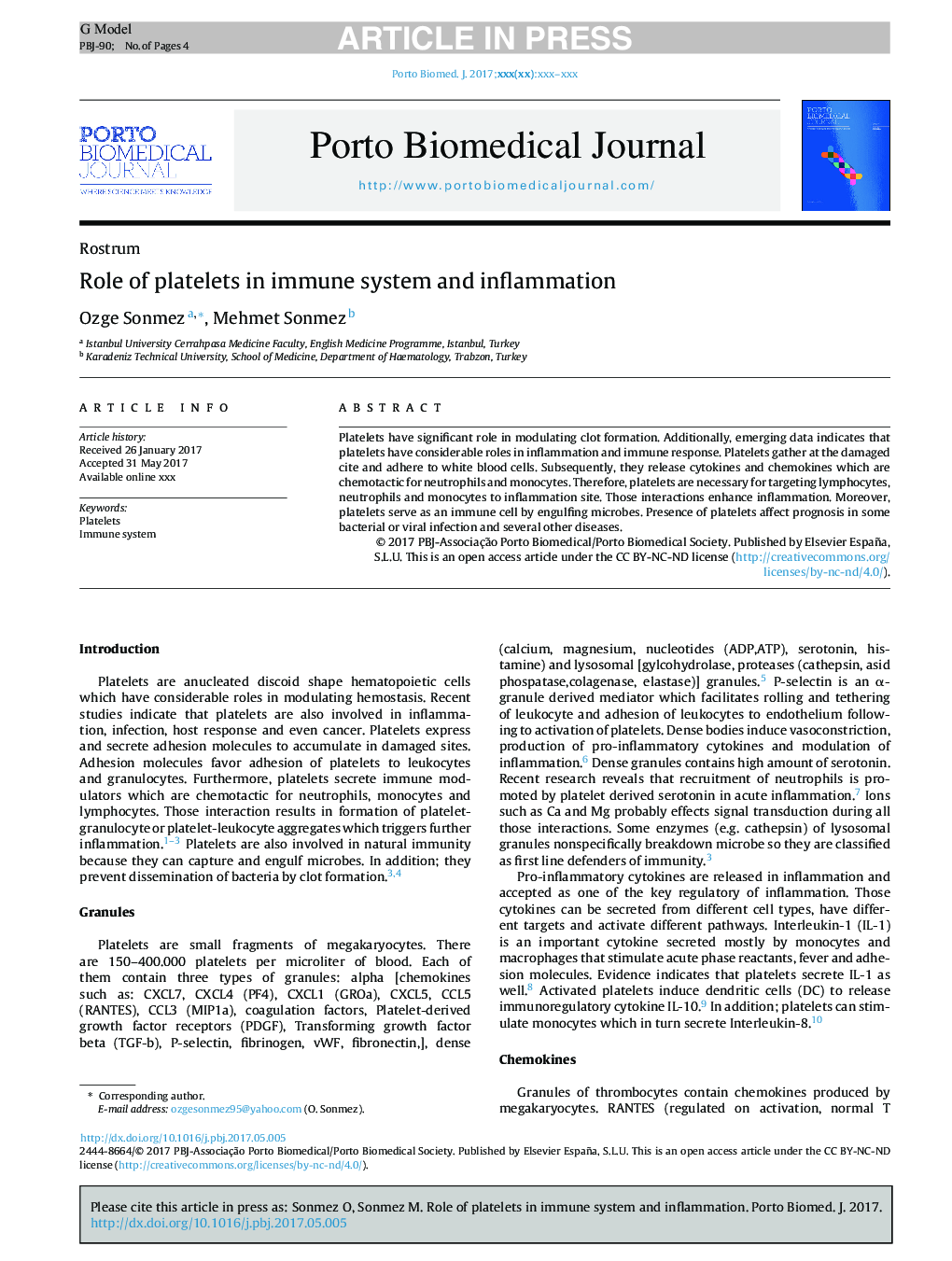 Role of platelets in immune system and inflammation