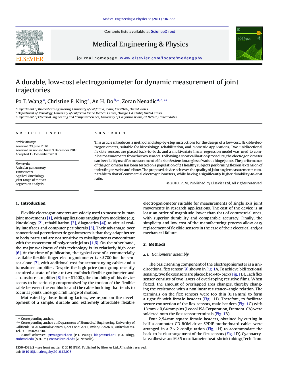 عکس صفحه اول مقاله: A durable, low-cost electrogoniometer for dynamic measurement of joint trajectories A durable, low-cost electrogoniometer for dynamic measurement of joint trajectories