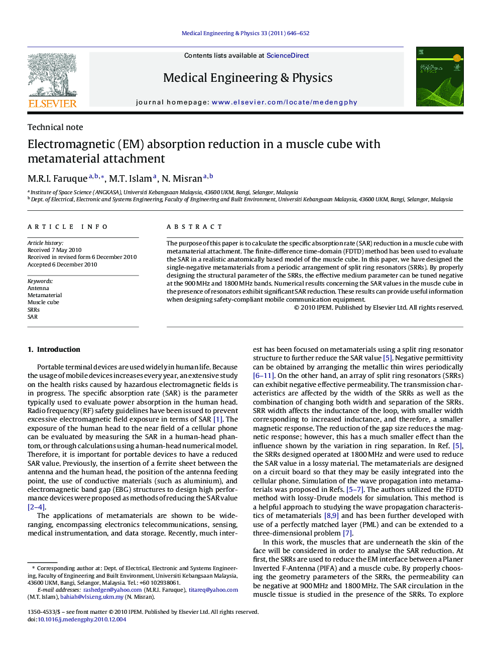 Electromagnetic (EM) absorption reduction in a muscle cube with metamaterial attachment