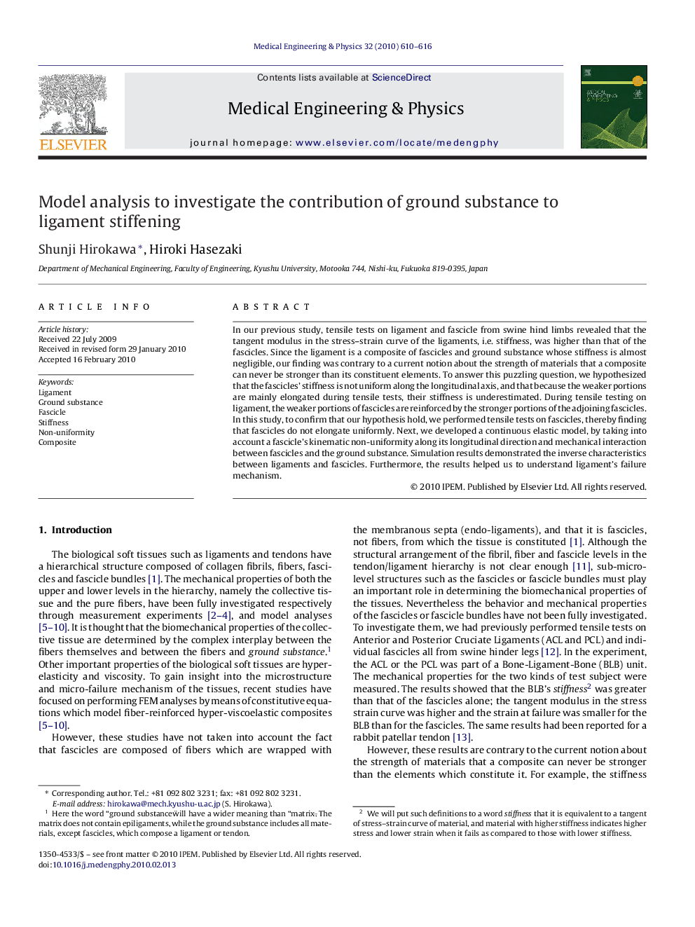 عکس صفحه اول مقاله: Model analysis to investigate the contribution of ground substance to ligament stiffening Model analysis to investigate the contribution of ground substance to ligament stiffening