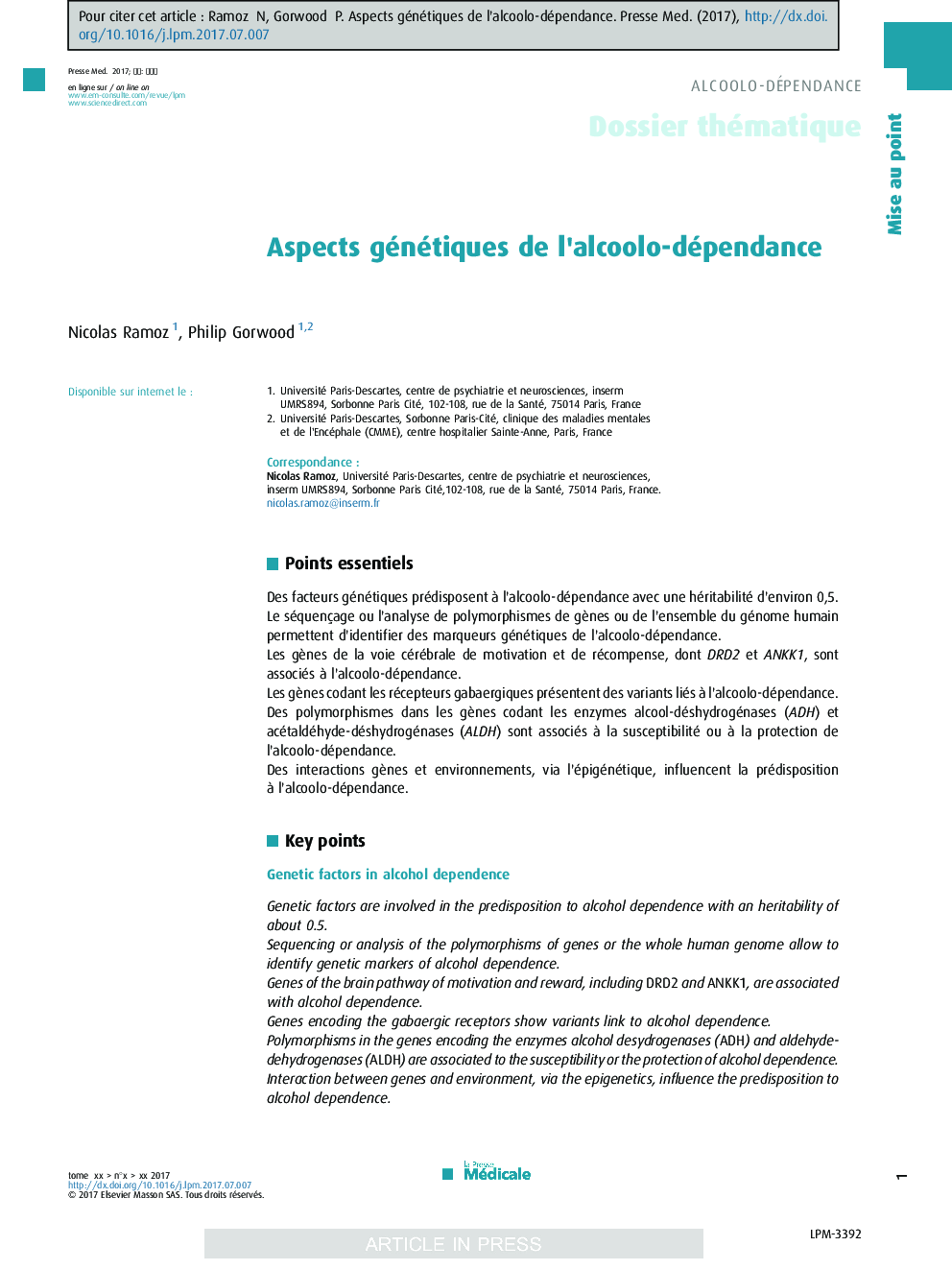 Aspects génétiques de l'alcoolo-dépendance