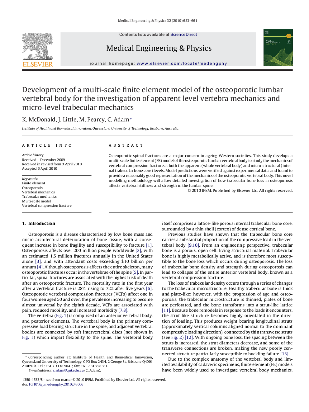 Development of a multi-scale finite element model of the osteoporotic lumbar vertebral body for the investigation of apparent level vertebra mechanics and micro-level trabecular mechanics