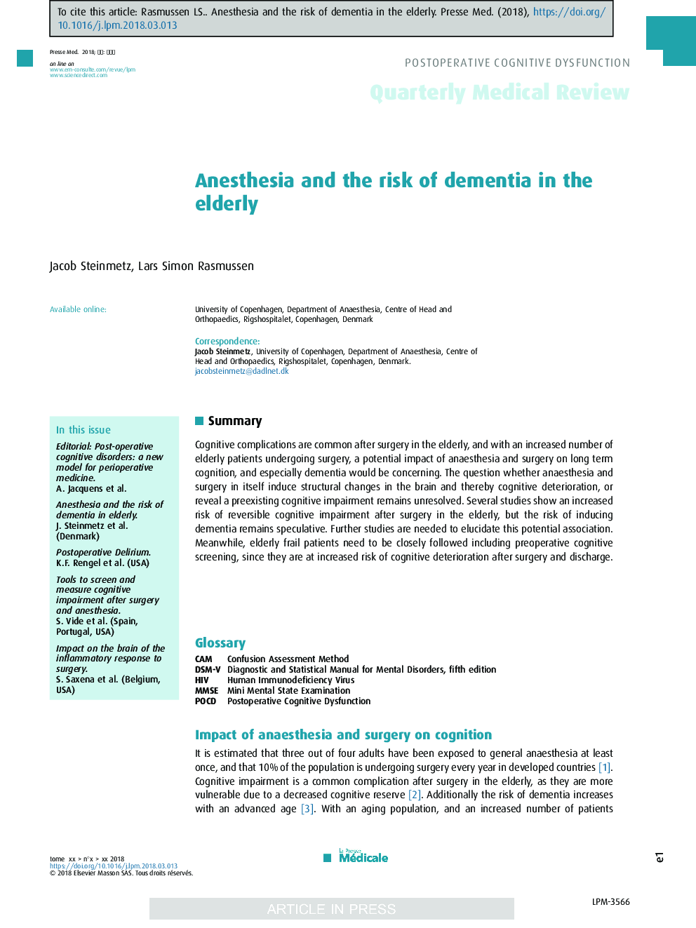 Anesthesia and the risk of dementia in the elderly