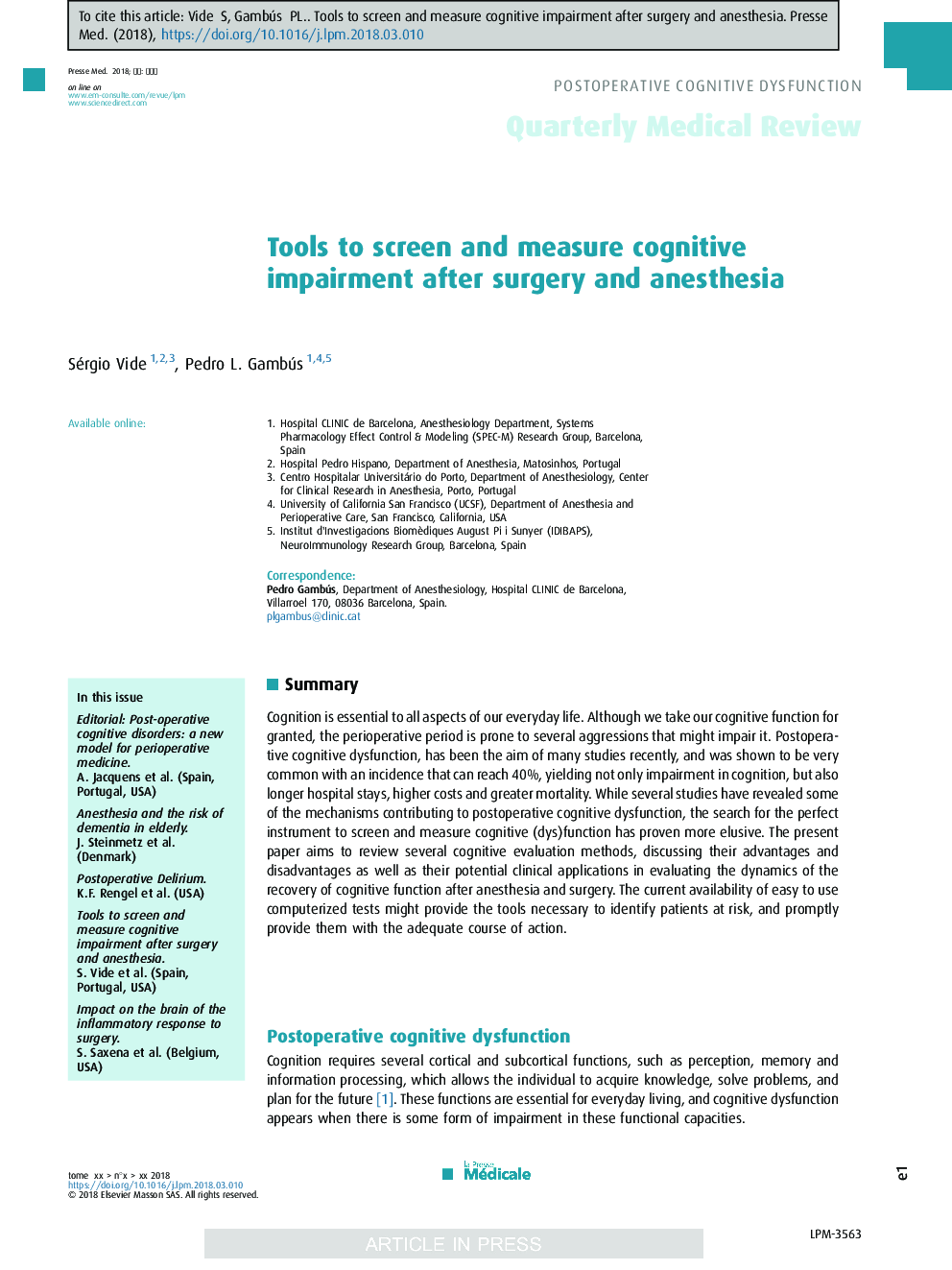 Tools to screen and measure cognitive impairment after surgery and anesthesia