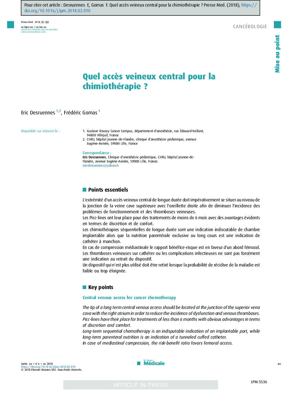 Quel accÃ¨s veineux central pour la chimiothérapieÂ ?