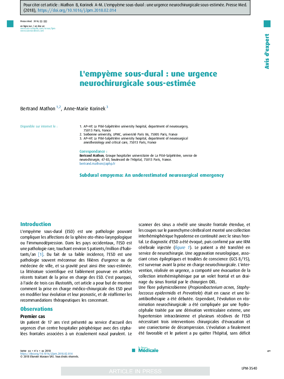 L'empyÃ¨me sous-duralÂ : une urgence neurochirurgicale sous-estimée