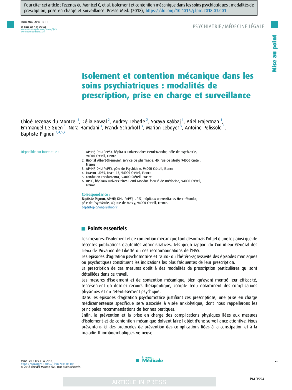 عکس صفحه اول مقاله: Isolement et contention mécanique dans les soins psychiatriques : modalités de prescription, prise en charge et surveillance Isolement et contention mécanique dans les soins psychiatriques : modalités de prescription, prise en charge et surveillance