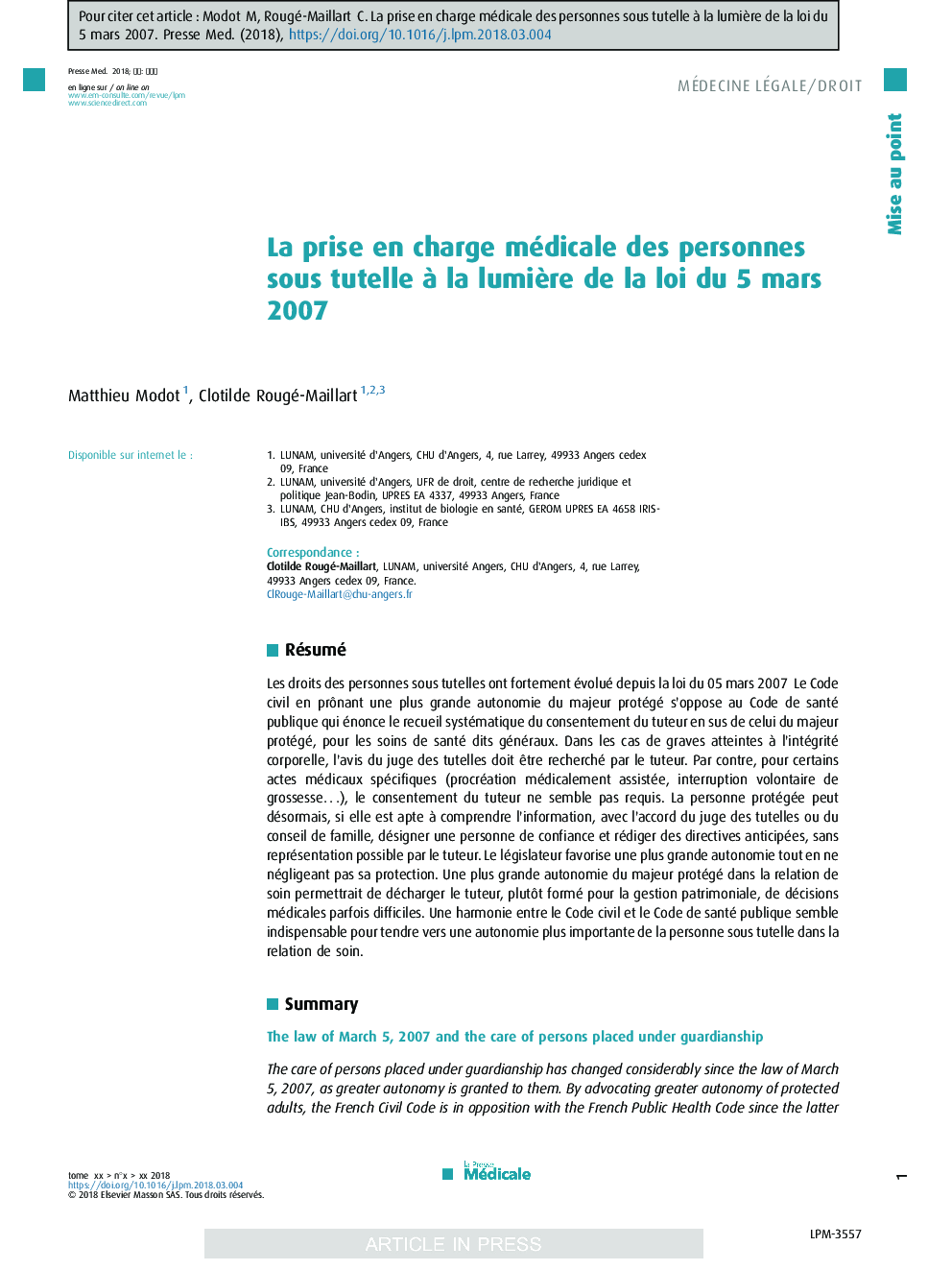 La prise en charge médicale des personnes sous tutelle Ã  la lumiÃ¨re de la loi du 5Â mars 2007