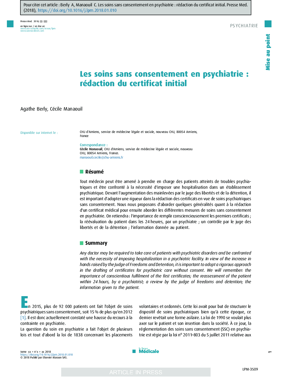 Les soins sans consentement en psychiatrieÂ : rédaction du certificat initial