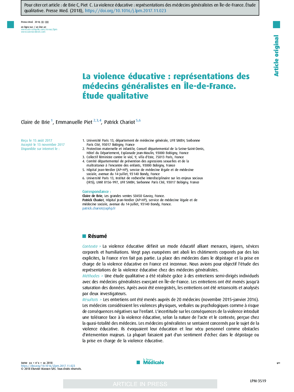 La violence éducativeÂ : représentations des médecins généralistesÂ en Ãle-de-France. Ãtude qualitative