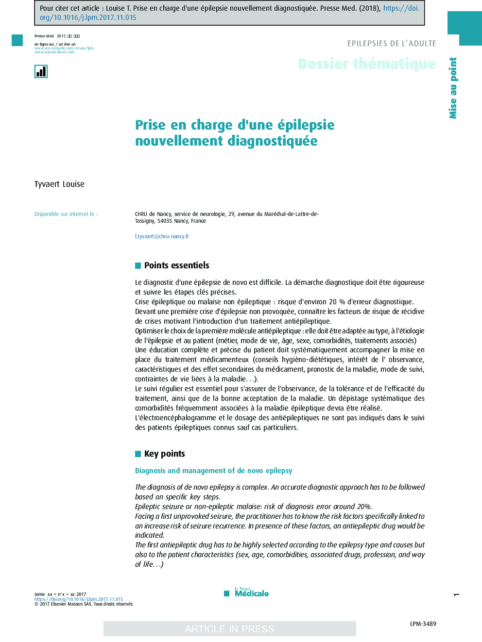 Prise en charge d'une épilepsie nouvellement diagnostiquée