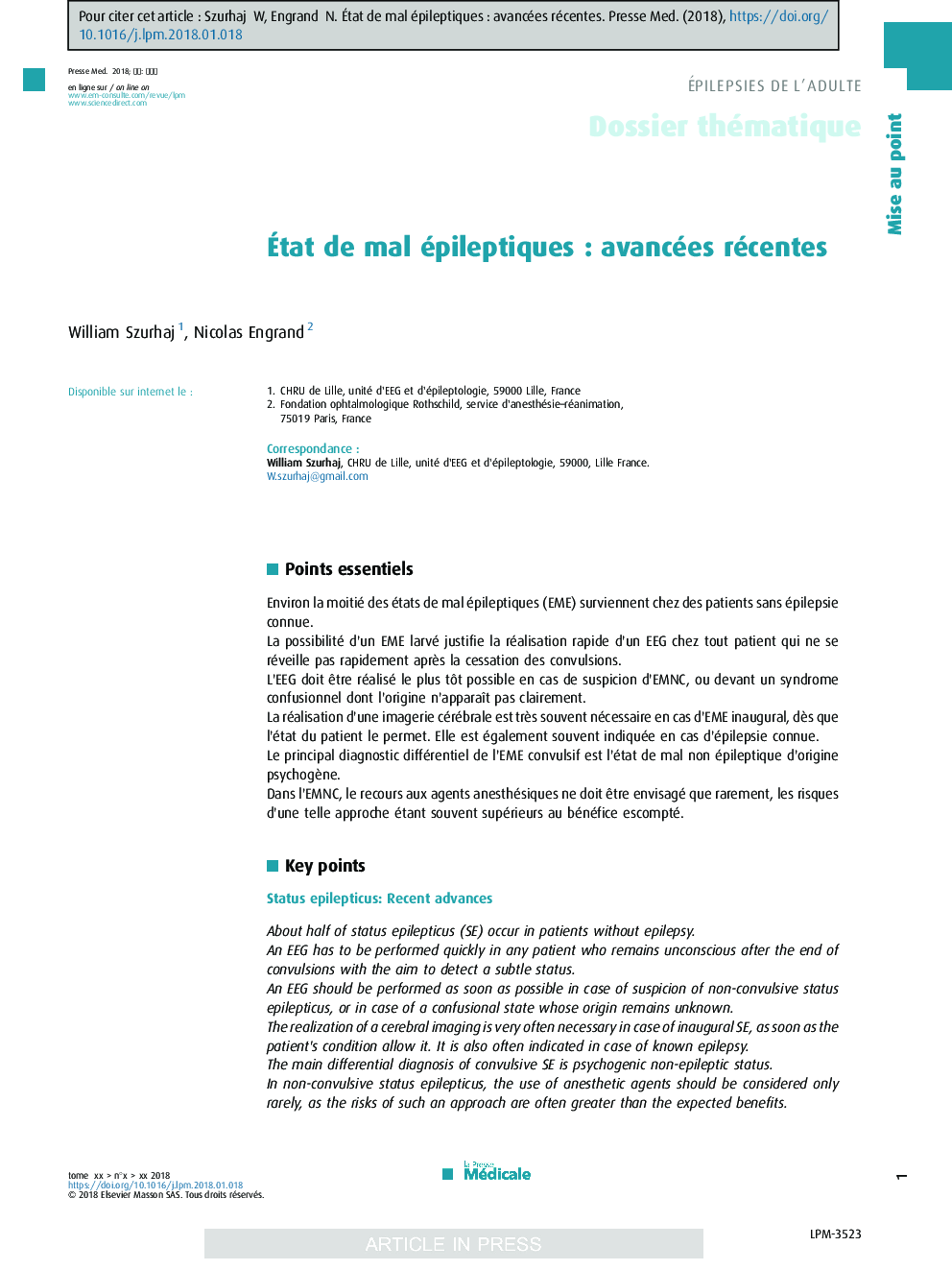 Ãtat de mal épileptiquesÂ : avancées récentes