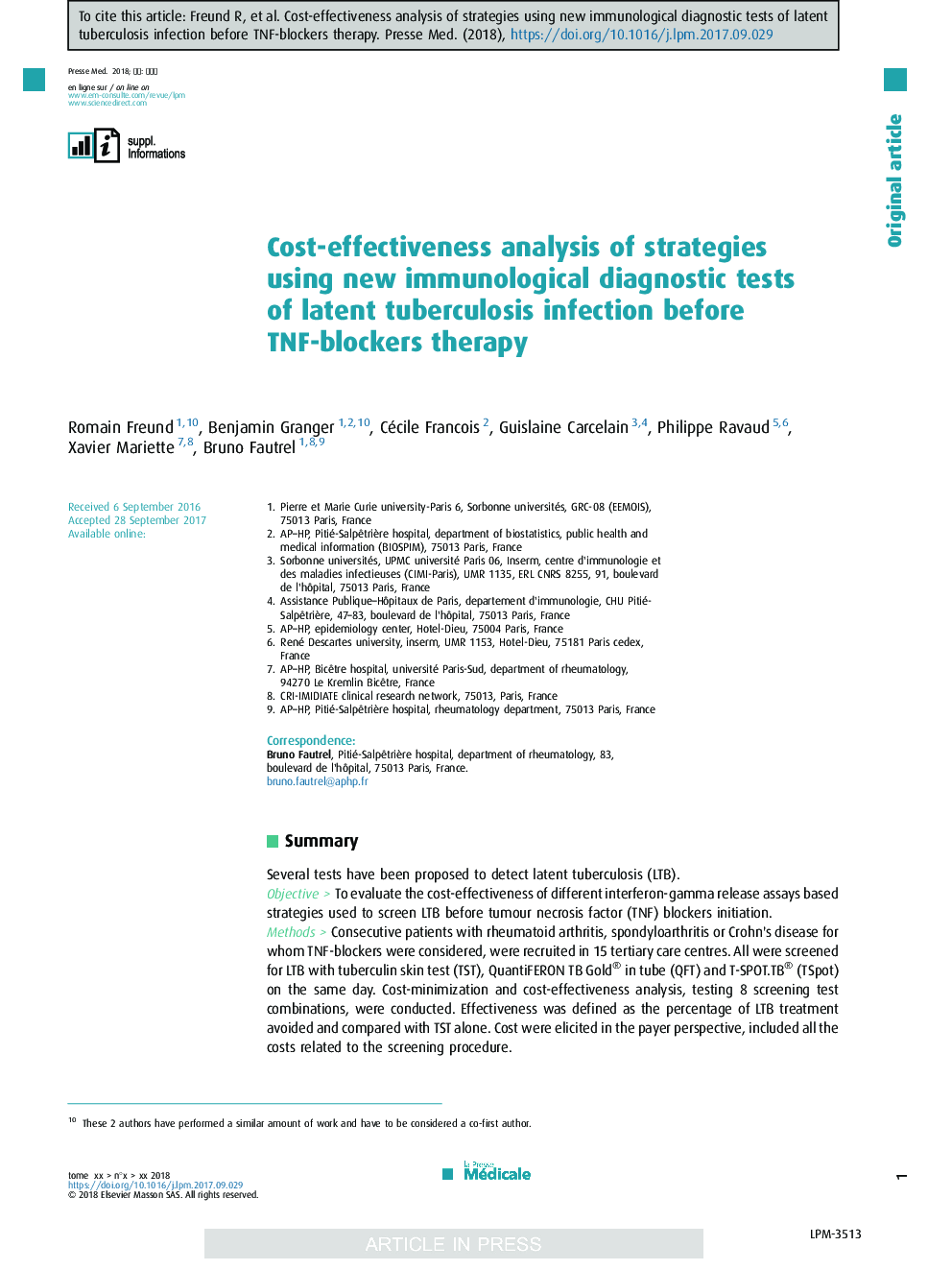 Cost-effectiveness analysis of strategies using new immunological diagnostic tests of latent tuberculosis infection before TNF-blockers therapy