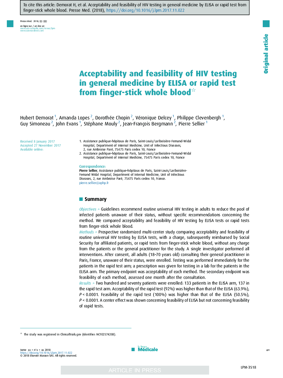 Acceptability and feasibility of HIV testing in general medicine by ELISA or rapid test from finger-stick whole blood