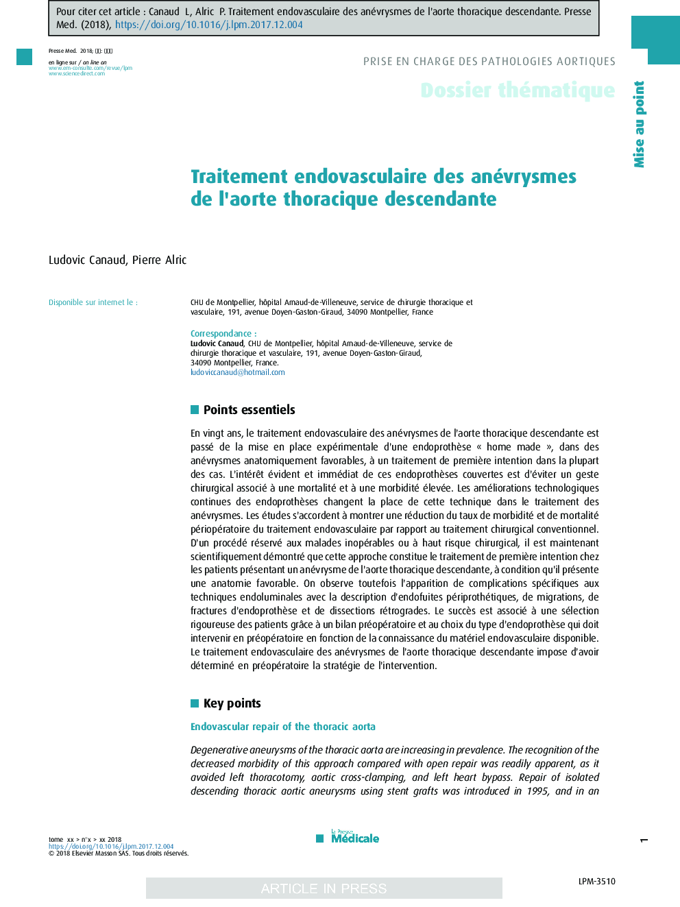 Traitement endovasculaire des anévrysmes de l'aorte thoracique descendante