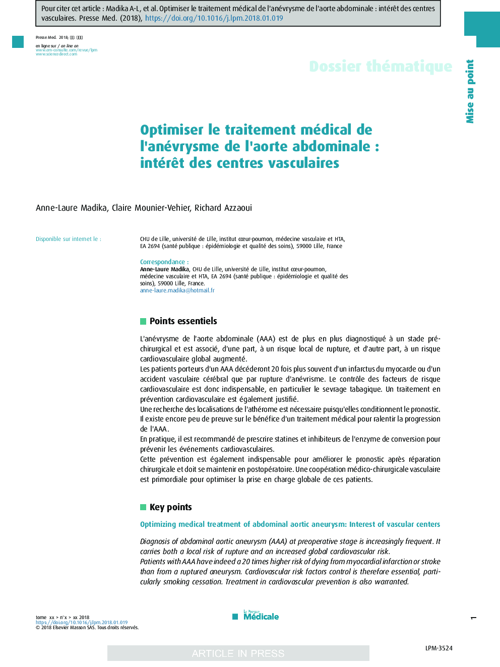 Optimiser le traitement médical de l'anévrysme de l'aorte abdominaleÂ : intérÃªt des centres vasculaires