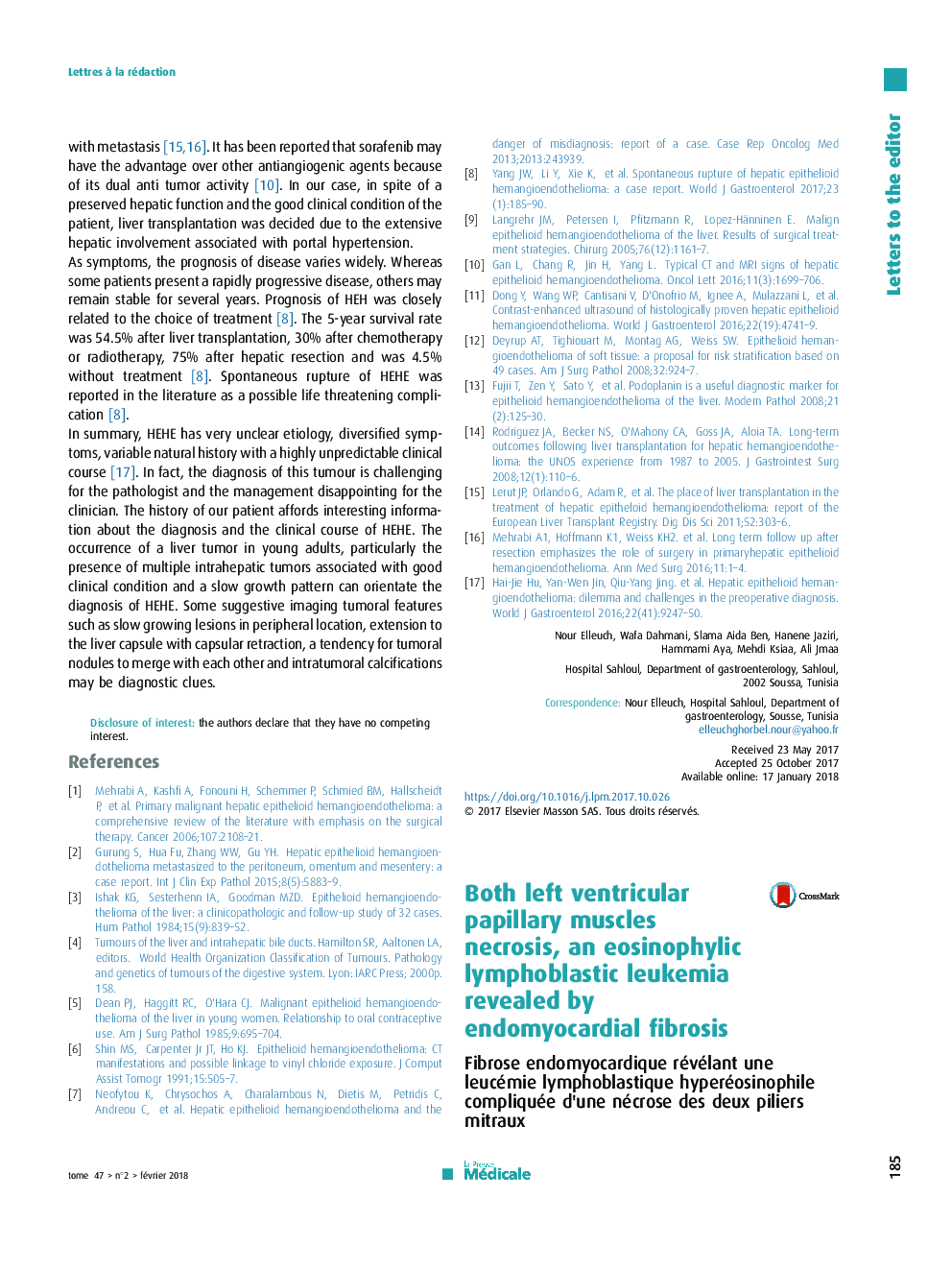 Both left ventricular papillary muscles necrosis, an eosinophylic lymphoblastic leukemia revealed by endomyocardial fibrosis