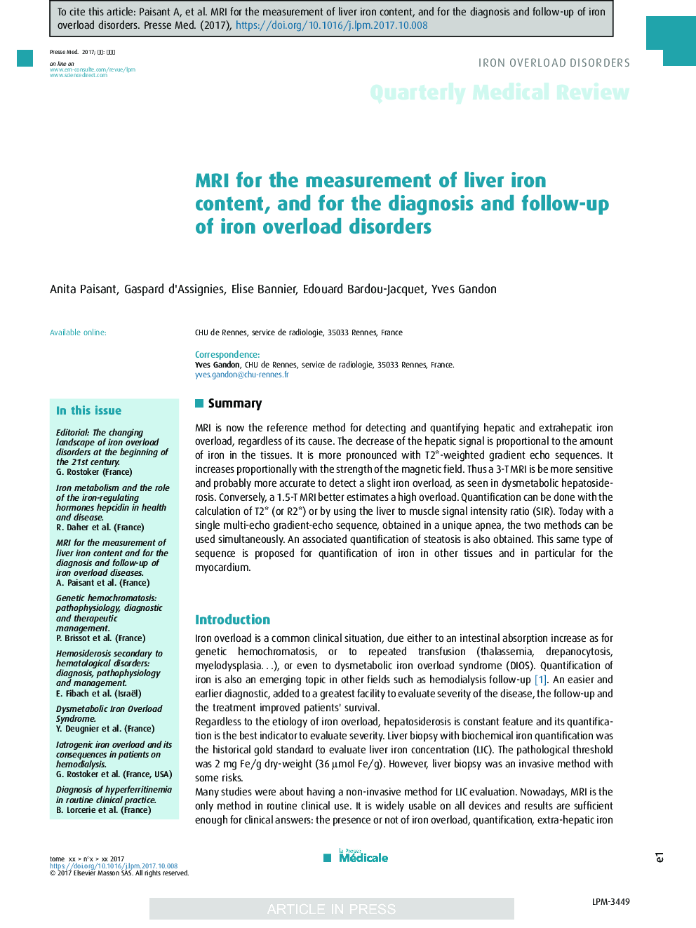 MRI for the measurement of liver iron content, and for the diagnosis and follow-up of iron overload disorders