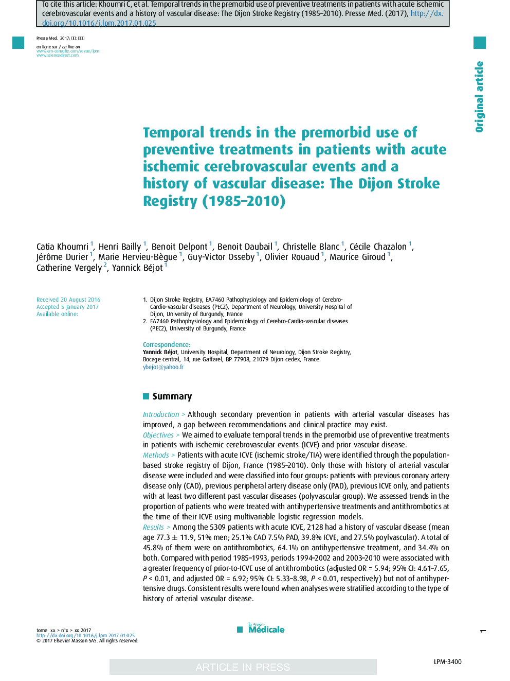 Temporal trends in the premorbid use of preventive treatments in patients with acute ischemic cerebrovascular events and a history of vascular disease: The Dijon Stroke Registry (1985-2010)