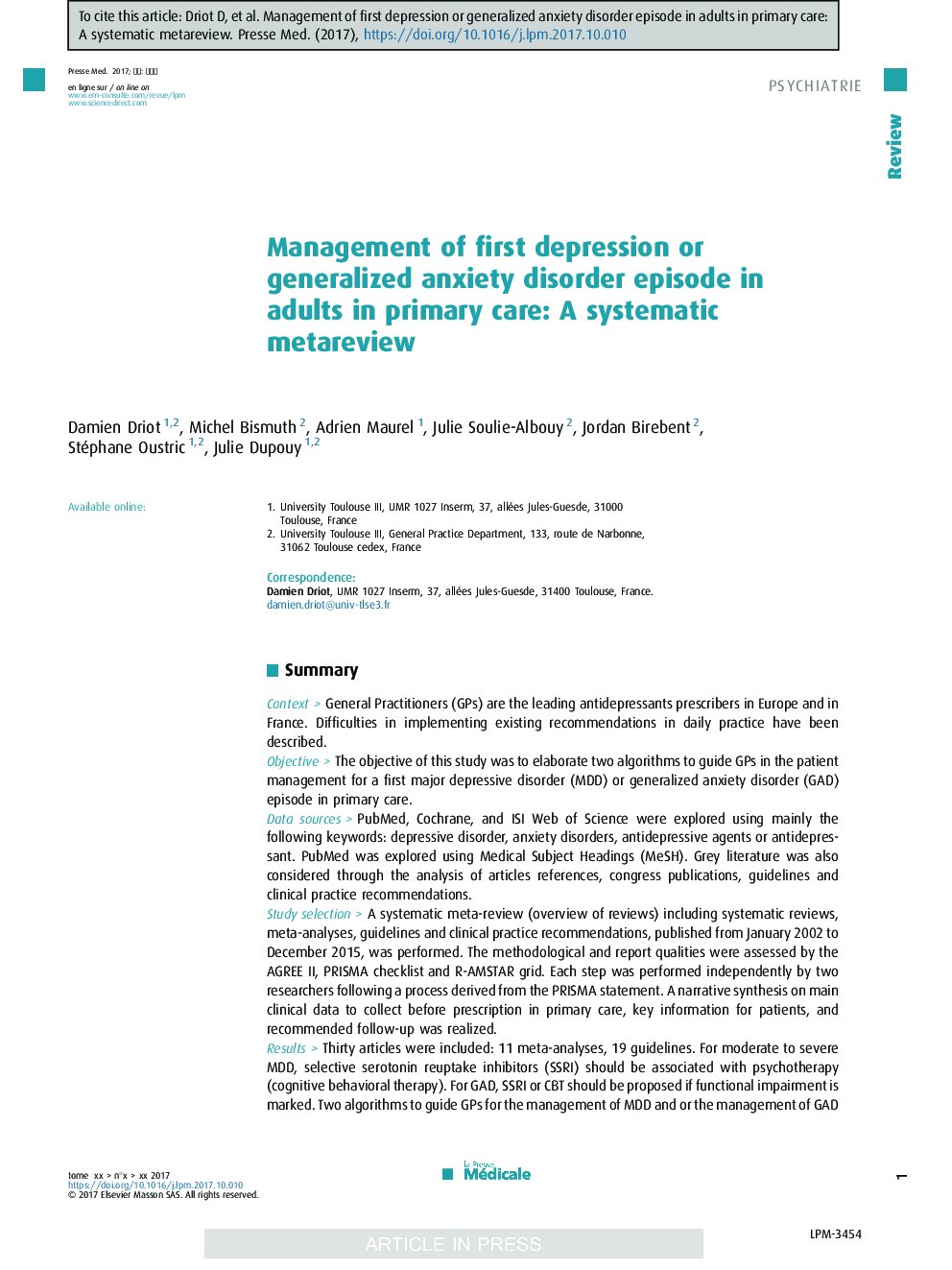 Management of first depression or generalized anxiety disorder episode in adults in primary care: A systematic metareview