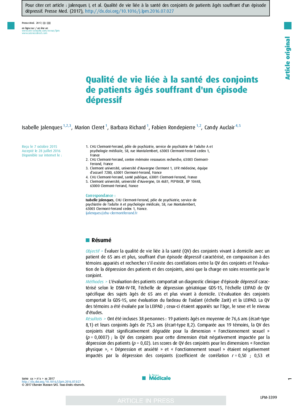Qualité de vie liée Ã  la santé des conjoints de patients Ã¢gés souffrant d'un épisode dépressif