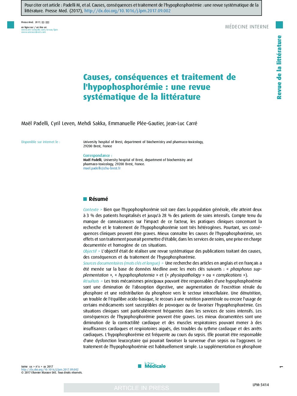 Causes, conséquences et traitement de l'hypophosphorémieÂ : une revue systématique de la littérature