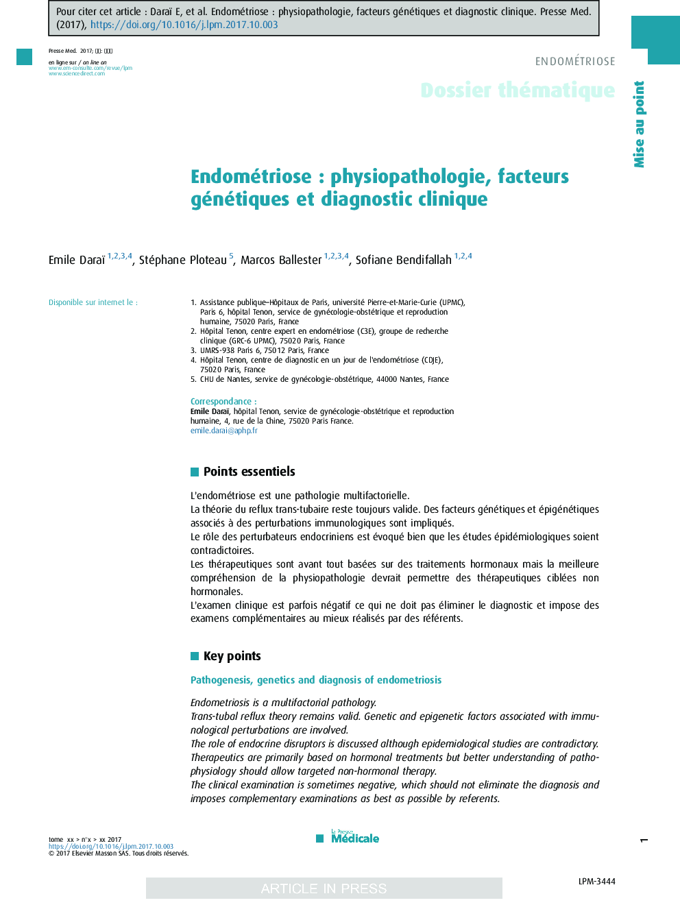 EndométrioseÂ : physiopathologie, facteurs génétiques et diagnostic clinique